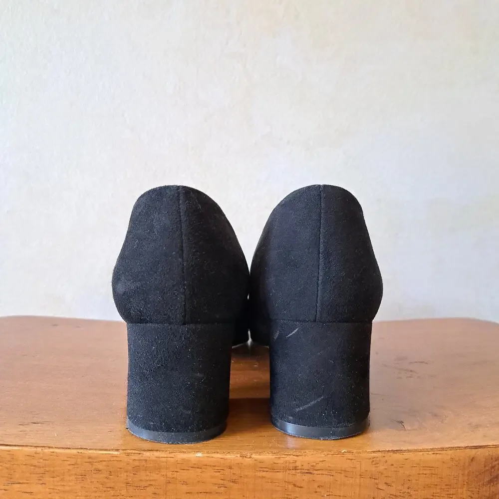 Sesto Meucci 7.5M Black Suede Bow Block Heel Pumps Italy Made Round Almond Toe